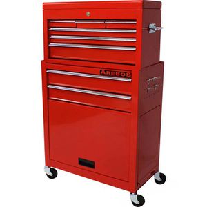 Arebos Werkzeugwagen 4260551586729, leer, mit Werkzeugkiste, rot, 2 + 6 Schubladen