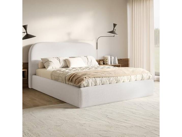 MOTIVENA Mono Bett 160x200 Weiß Boucle, mit Stauraum, mit Kopfteil, mit Lattenrost, ohne Füße, ohne Matratze, Polsterbett 160x200 mit Bettkasten Weiß (Milch)