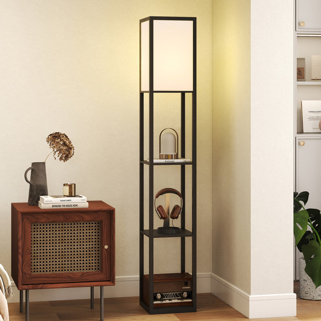 Ebern Designs Retweet Floor Lamp Reading Lamp with 3-Tier Storage Shelf for Home Office Black 160cm H X 26cm W X 26cm D