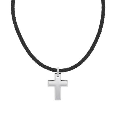 Kette mit Anhänger TOM TAILOR "Schmuck Geschenk Edelstahl Leder Kreuz", schwarz (edelstahlfarben, schwarz), Halsketten, Herren, Edelstahl Leder, L: 52 B: 3,5mm, Edelstahl, Leder, B:3,5mm