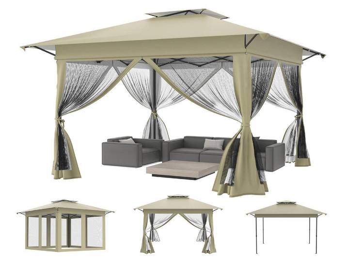 Pop Up Pavillon 4x4m Khaki UV-Schutz Mückenschutz Höhenverstellbar Doppeldach