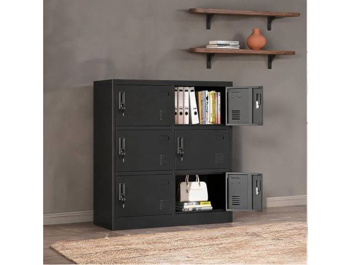 Casier métallique 6 portes en acier noir mat H100 x L90 x P40 cm - Serrures individuelles et porte-étiquettes
