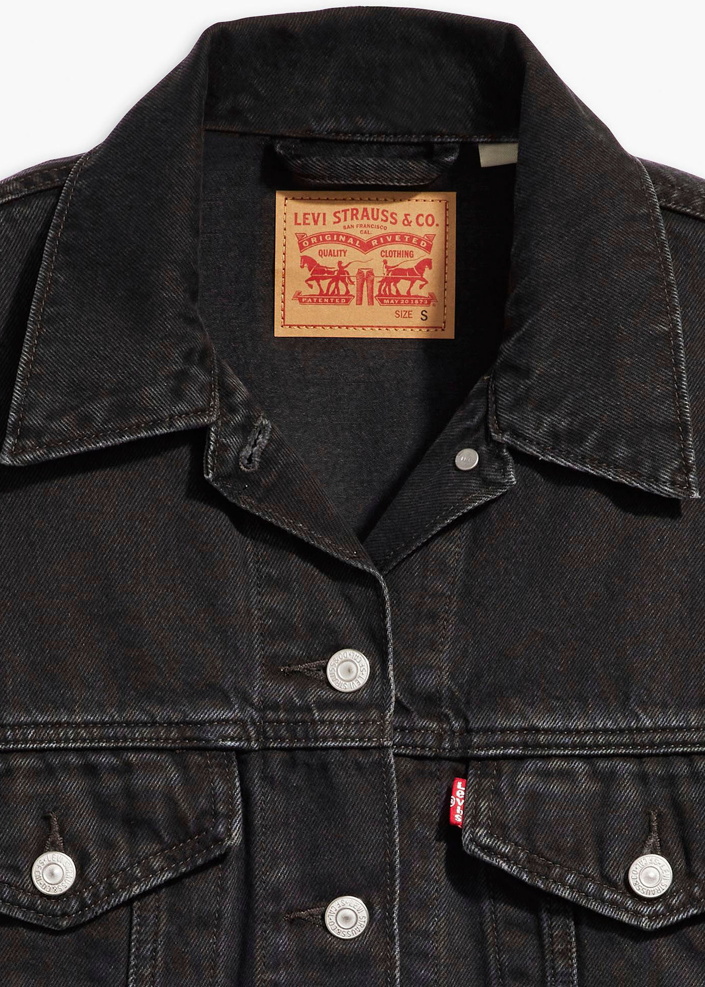 Jeansjacke LEVI'S "90S TRUCKER", Damen, Gr. L (40), schwarz (road less traveled), Denim/Jeans, Obermaterial: 100% Baumwolle, unifarben, figurumspielend hüftlang, Manschette, Jacken Jeansjacke, mit Umlegekragen road less traveled L (40)