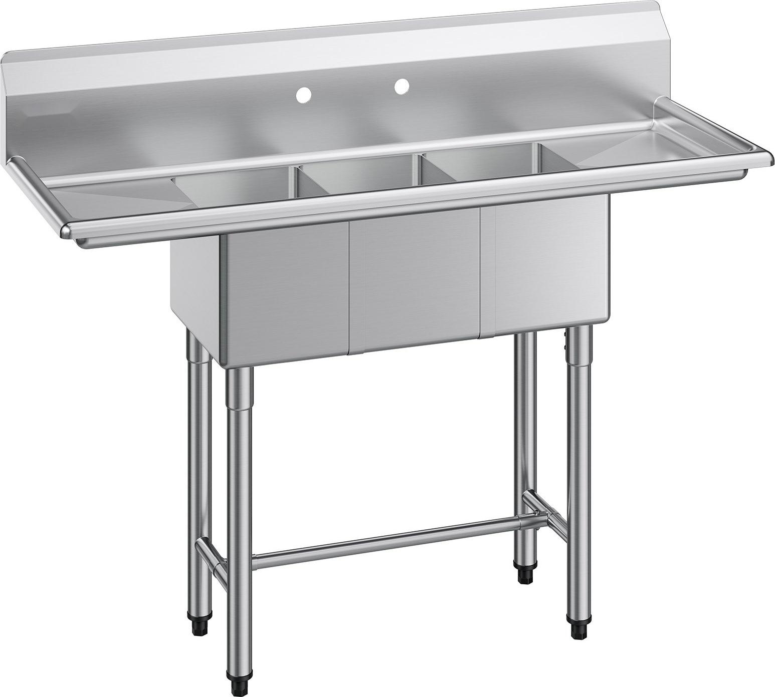 Gastrospüle aus Edelstahl - 3-Becken Küchenspüle - 2 Abtropfflächen - Mit Spritzschutz - 1372 x 508 x 1097 mm - Für Imbisswagen & Gastronomie - Silber