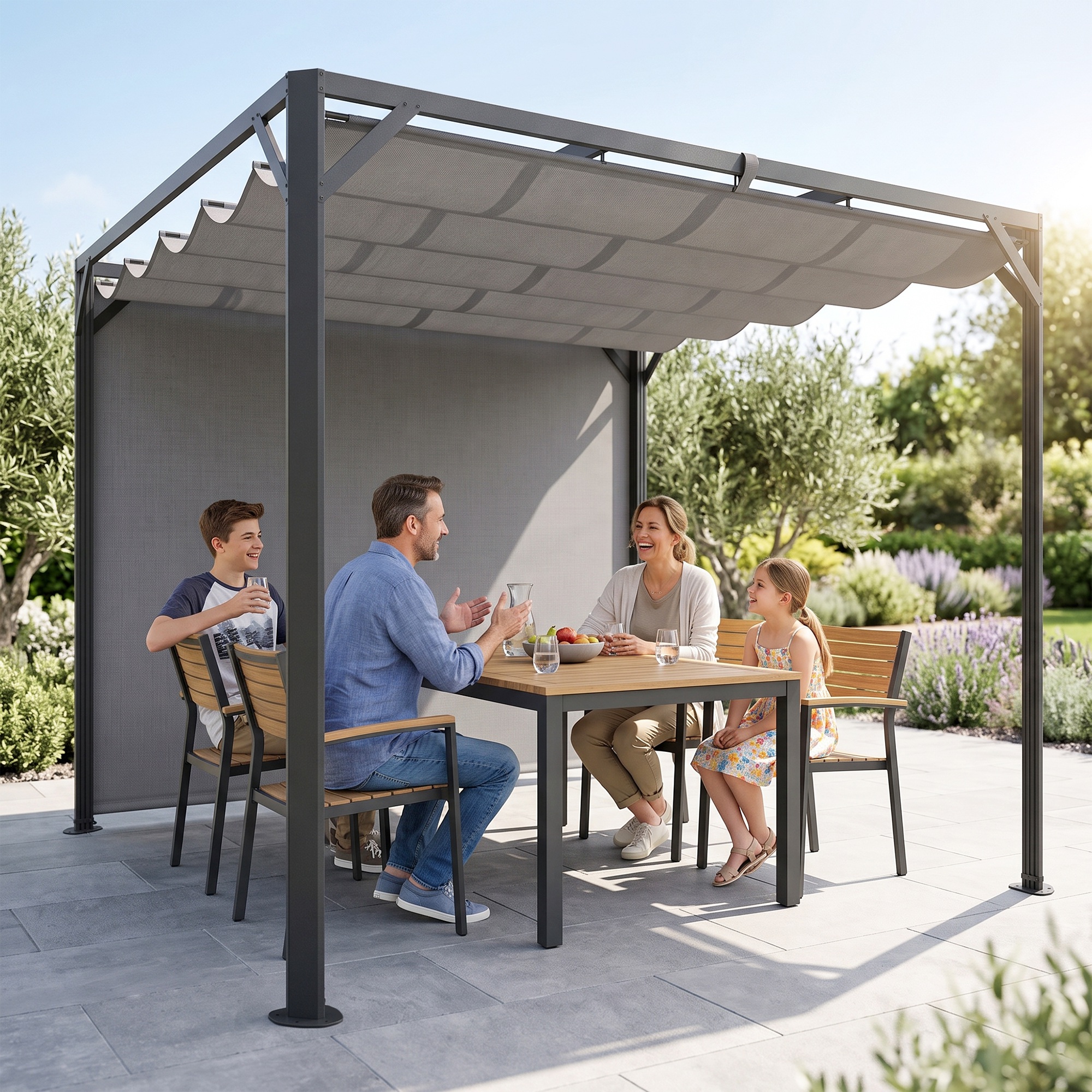 Outsunny Gazebo Pergola Retrattile 3x3 m con Tenda a Rullo e Fori di Drenaggio, in Acciaio e Poliestere Grigio Scuro
