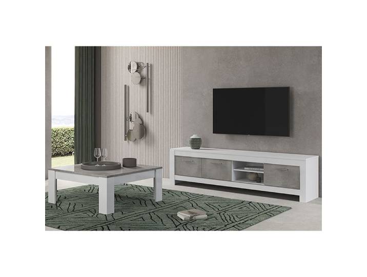 DENAE - Ensemble Salon Blanc et Gris Marbré Meuble TV 3 Portes + Table Basse Carrée
