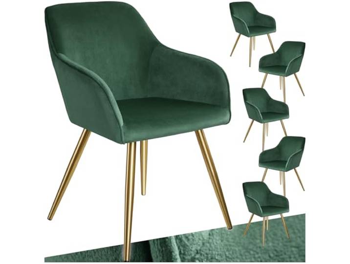 tectake 6er Set moderner Esszimmer Stuhl, Sitzfläche aus Samt, Armlehnstuhl, Sessel Wohnzimmer, gepolsterter Bürostuhl mit goldeden Metallbeinen, Schminktisch Stuhl - dunkelgrün/Gold