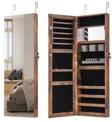 Costway 43.5 Inch Jewelry Mirror Cabinet with Full-length Mirror and Adjustable Hangers-Rustic Brown