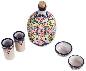 NOVICA Artisan Handblown Ceramic Tequila Set Mexican Multicolor Drinkware Shot Glasses 'Talavera Beverage'(Set of 5)
