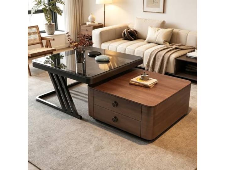 Mid-Century Couchtisch-Set handgefertigt, zwei versteckte Stauraumschübe Couchtisch stapelbar platzsparend, einteiliges Gießverfahren, stabile wackelfreie Konstruktion(Walnut+Black)
