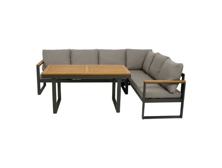 DEGAMO Garten-Essgruppe KAMPALA, (2-tlg., 1x Eckbank mit Polstern, 1x Tisch 70x140cm), Aluminium anthrazit, Oberflächen Akazie, wetterfest