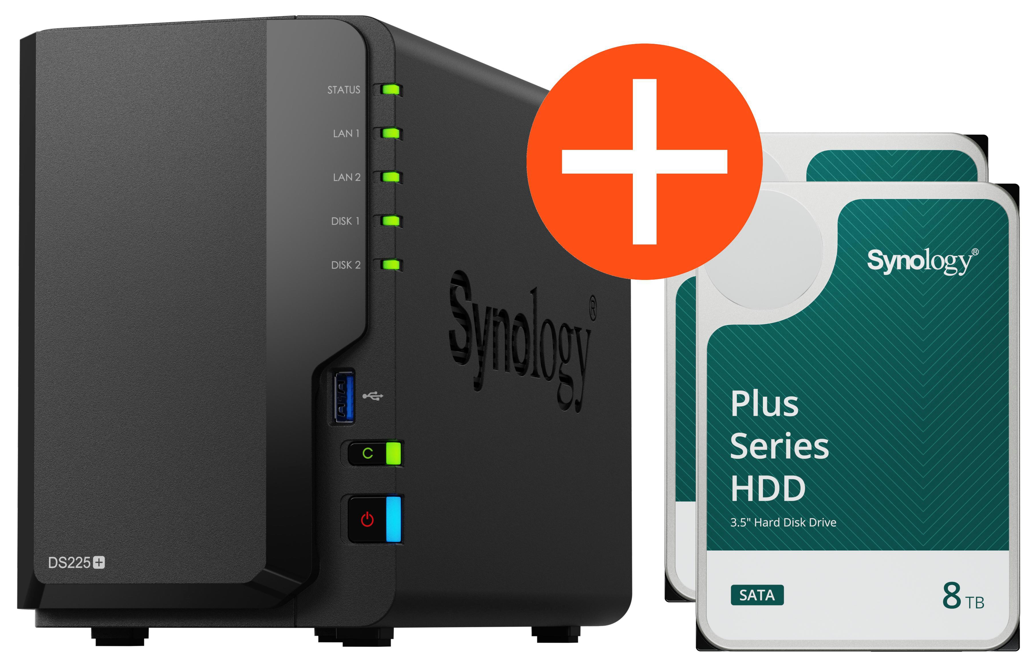 Synology DS225+ NAS System 2-Bay 16 TB inkl. 2x 8 TB Synology HDD HAT3320-8T DS225+ + 2x HAT3320-8T
