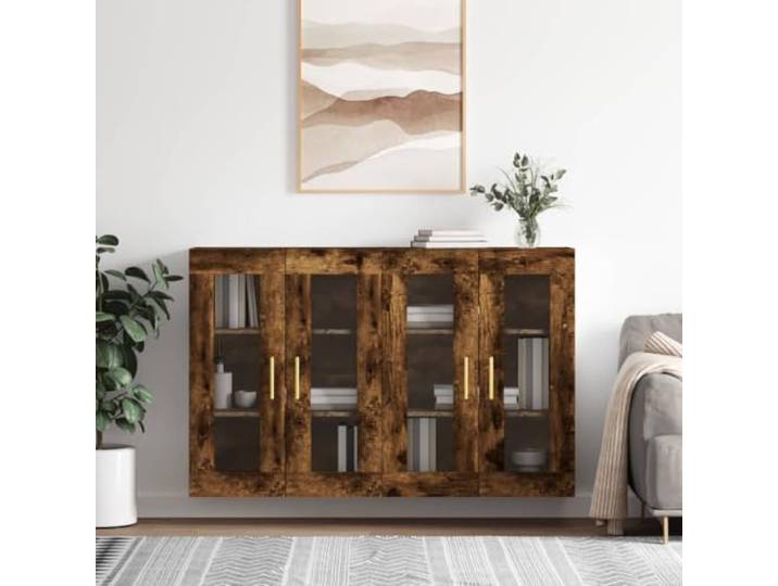 Wandschränke 2 STK. Räuchereiche aus Holzwerkstoff mit Glastüren, praktische Aufbewahrungslösung als Sideboard-Aufsatz, dekorative Wandschränke mit eleganter Optik