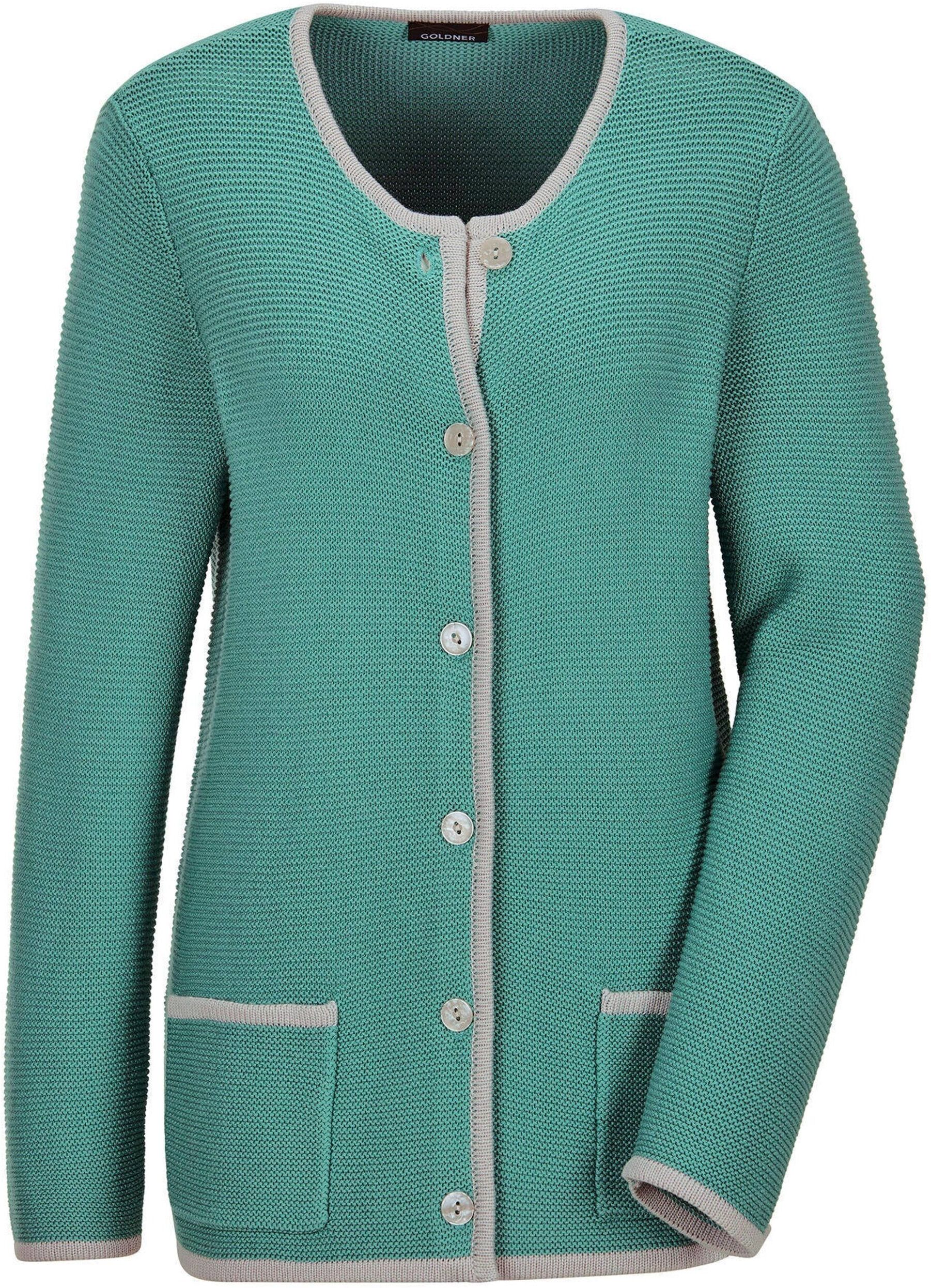 Strickjacke GOLDNER "Elegante Strickjacke mit Taschen", Damen, Gr. 44, grün (salbei, gemustert), Obermaterial: 50% Baumwolle CO. 50% Polyacryl PAN., gerade, Strickjacken Strickjacke, Knöpfe in Perlmutoptik