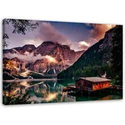 BILD AUF LEINWAND Hütte an einem Bergsee 90x60cm