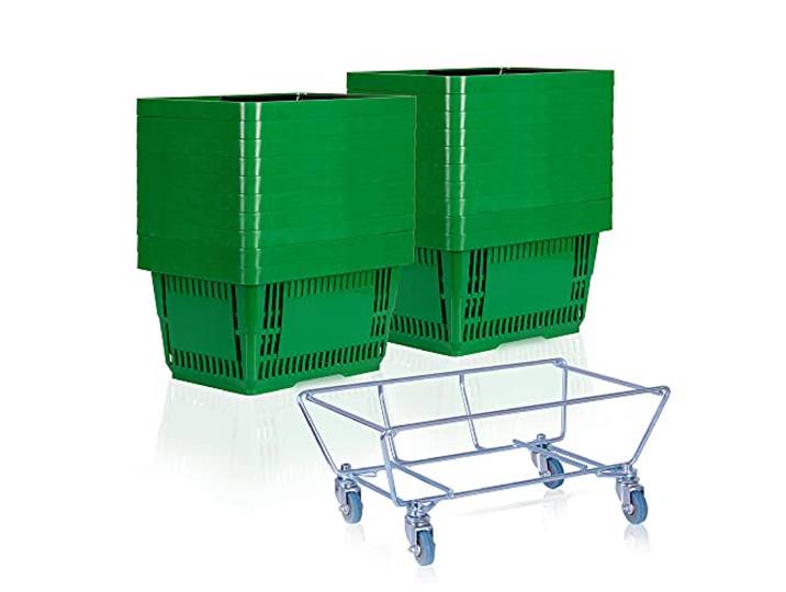 goodsforbusiness Sammelwagen + 20 Einkaufskörbe grün Korbstapelwagen 22 Liter Rollwagen für Kunststoffkörbe Korbwagen stabil Einkaufskorbwagen
