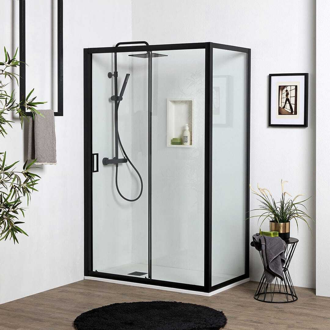 Duschtür 110cm + Seitenwand 70cm, schwarzer Rahmen + Klarglas 6mm | City