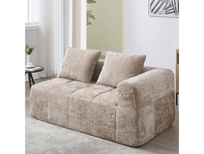 Ball & Cast Boneless Couch, L Couch mit Schlaffunktion, Chenille Modulares Sofa mit Seitentaschen, Montagefrei, Khaki, 2 Sitze