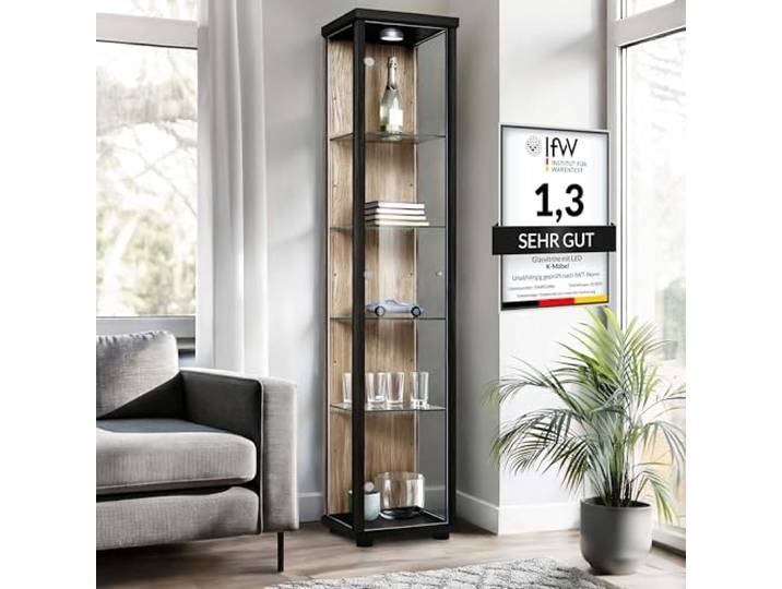 K-Möbel Glasvitrine Stehend (176x37x33cm) - Made in Germany - Vitrinenschrank Schwarz/Sonoma Eiche mit 4 höhenverstellbaren Glasböden & LED - Vitrine Glas stehend - Glasschrank - Cabinet