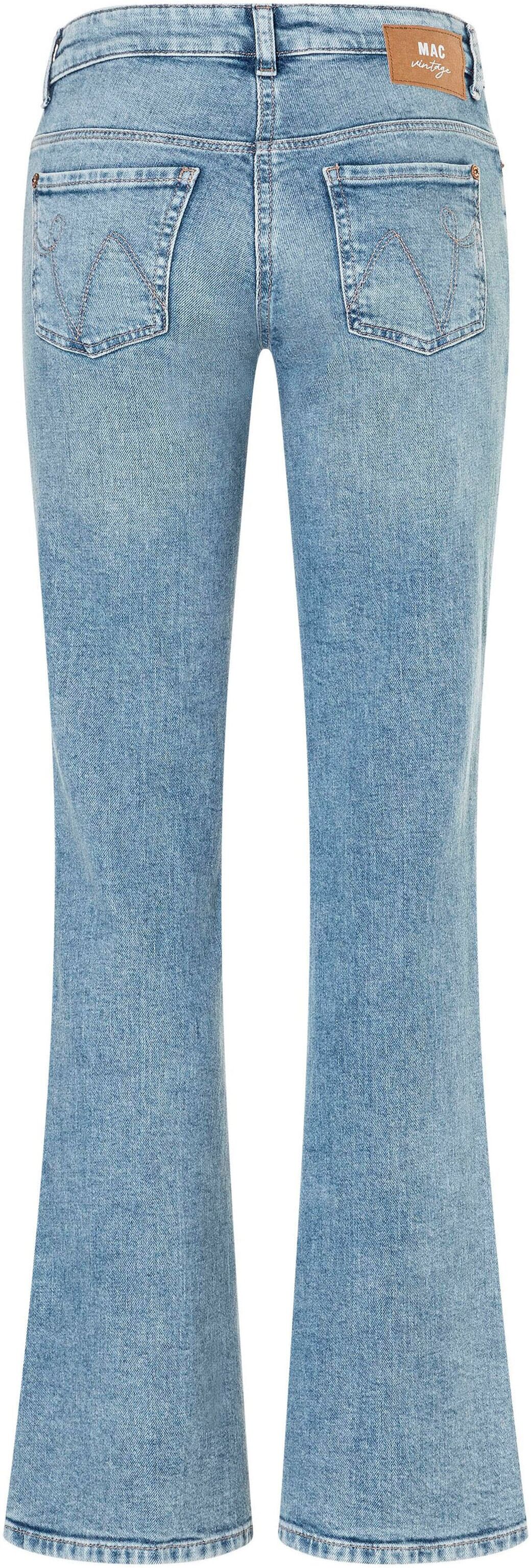 Bootcut-Jeans MAC "DETROIT flared", Damen, Gr. 34, Länge 32, blau (90`s cool wash), Denim/Jeans, Obermaterial: 99% Baumwolle, 1% Elasthan, bootcut fit lang, Jeans Bootcut-Jeans, Aufwendig gearbeitete Details an den Vordertaschen 90`s cool wash 34, Länge 3