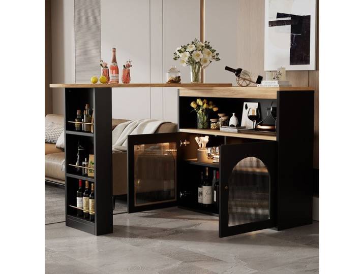 Table de bar extensible 138-193x39x105cm Table Mange debout Table à manger avec Lumière LED 2 Portes 3 Étagères