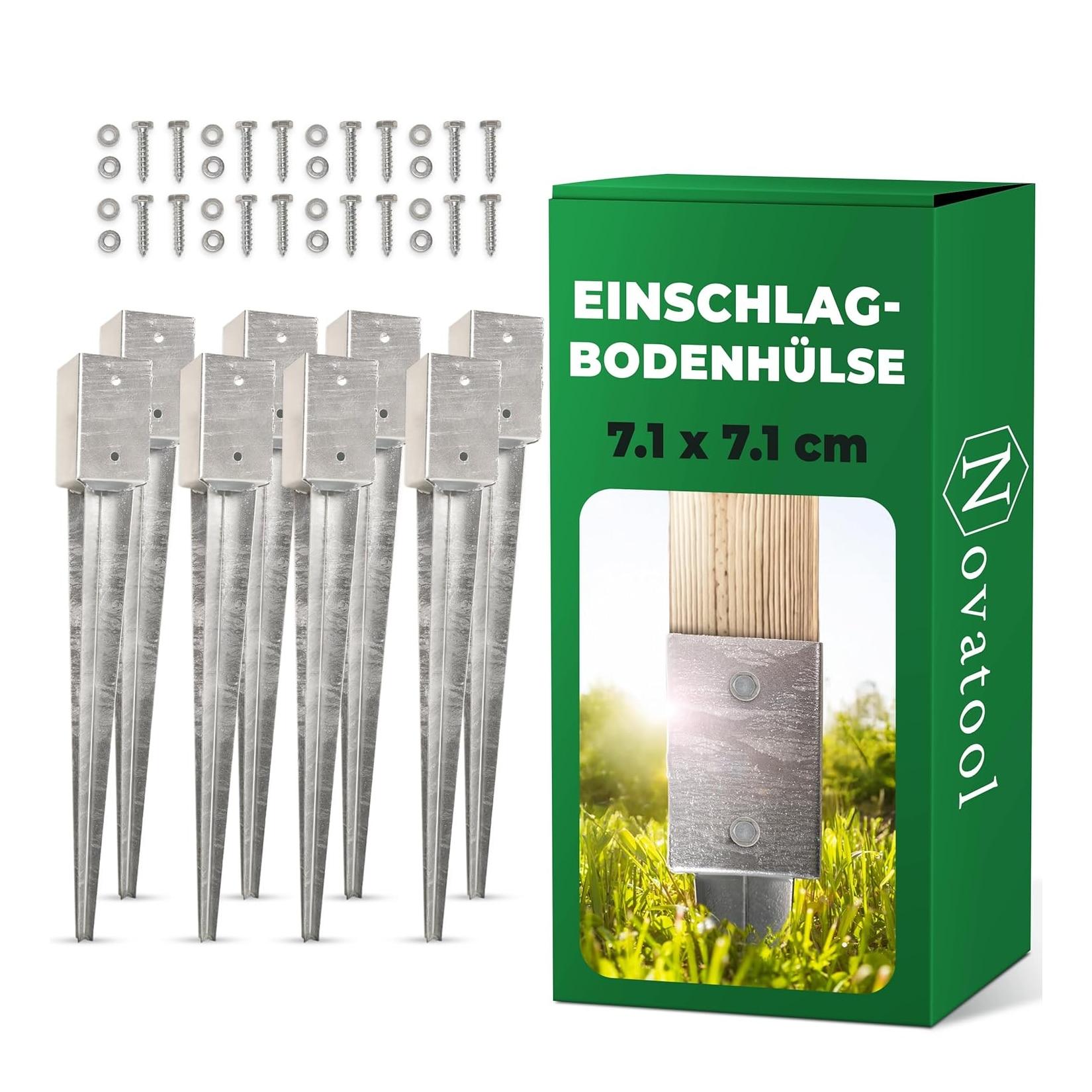 Novatool 8x Einschlagbodenhülsen-Set 71x71x750 mm , Bodenhülse Sonnenschirm Pfostenträger Zaunpfosten Holzpfosten Bodenhülsen Einschlaghülse Bodenanker Erdspieß zum Einschlagen , verzinkt , mit Schrauben