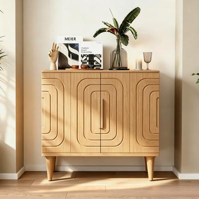 "32""Mid-Century Modern Accent Storage Cabinet, Geometric Recessed 2-Door Sideboard Buffet with Adjustable Shelf&Tapered Wood Legs"