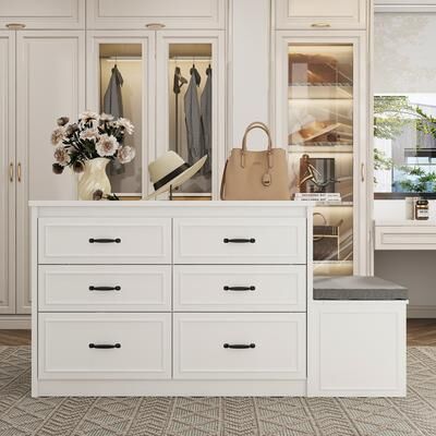 Timechee Storage Cabinet w/Seating Bench Hidden Compartment 6 Drawer Dresser Bedroom or Closet