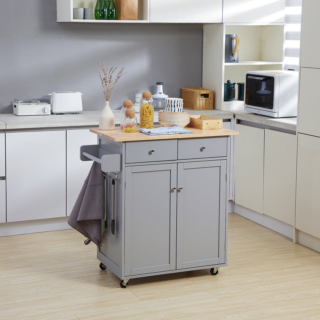 Ophelia & Co. Lydd Rolling Kitchen Island, Utility Serving Cart with Rubber Wood Top Grey Grey 90cm H X 87cm W X 48cm D