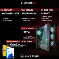 Systemtreff Gaming PC G255054 (1000 GB, 32 GB, Intel Core i5-12600K), PC, Schwarz