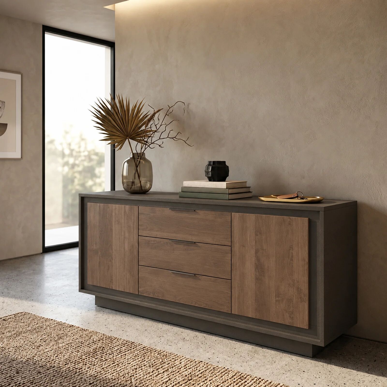 garneroarredamenti Madia 180x80h cm 3 cassetti 2 ante moderna antracite rovere scuro Deluxe