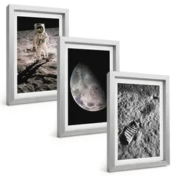 BILDER SET 3er Set - 20x30 cm Silberner Rahmen - Astronautenfoto vom Mond