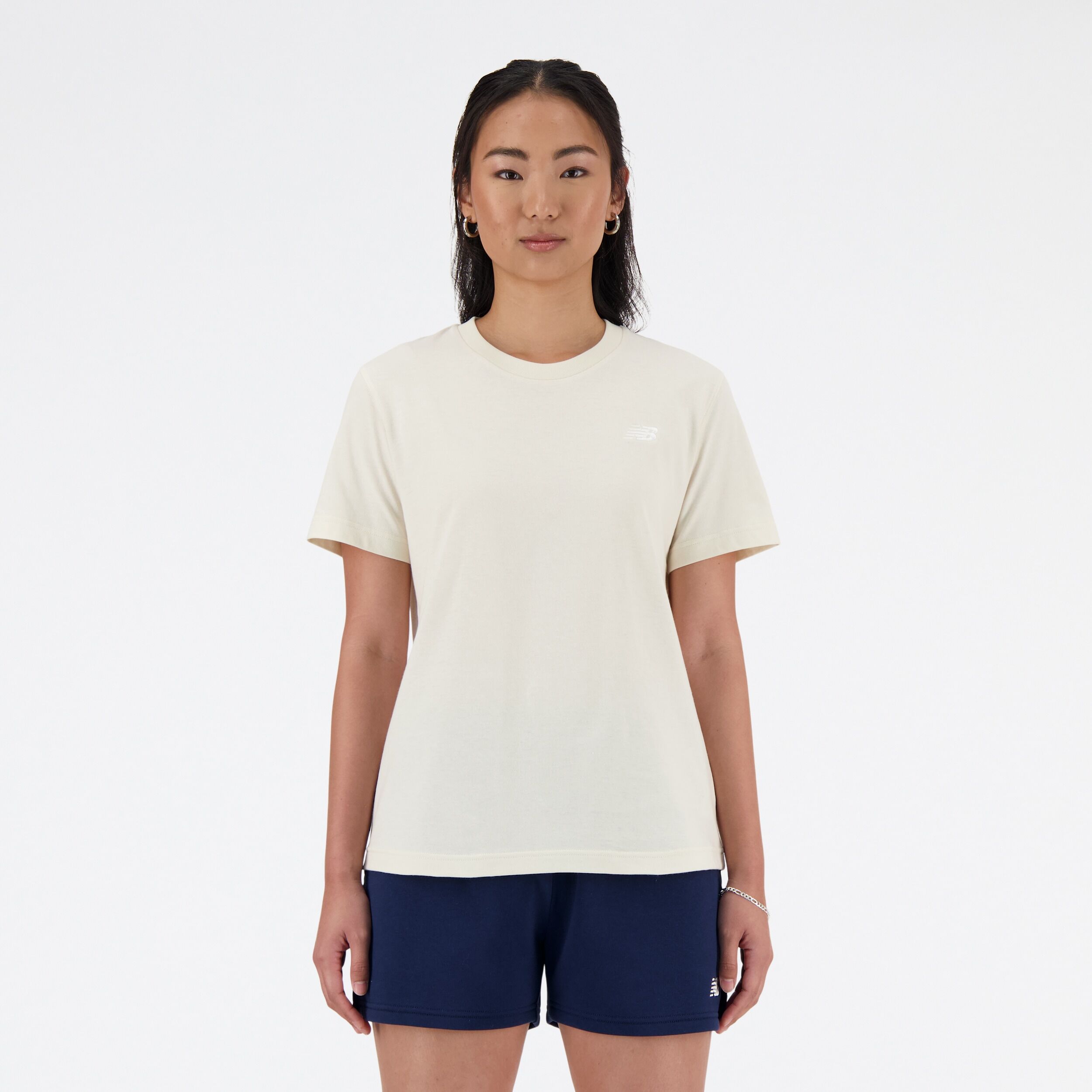 T-Shirt NEW BALANCE "SPORT ESSENTIALS JERSEY T-SHIRT", Damen, Gr. S, beige (linen), Obermaterial: 100% Baumwolle, normal, Rundhals, Shirts T-Shirt, Kurzarm, mit Rundhalsausschnitt linen S