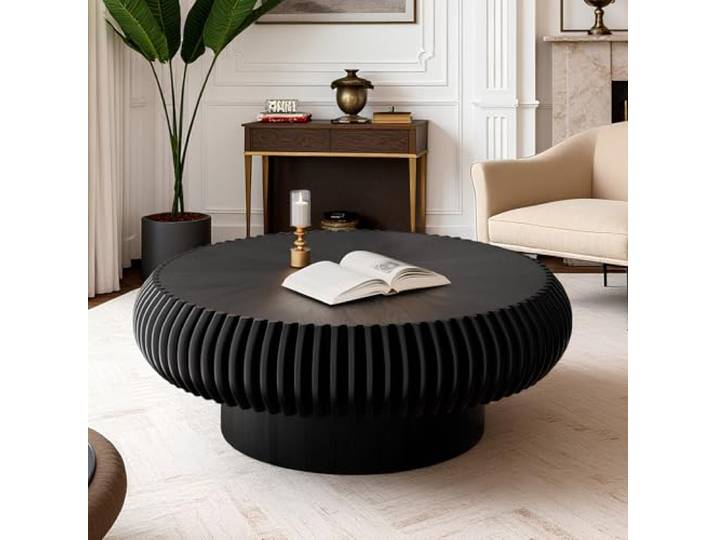 WXFKLDJ Runder, Geriffelter Couchtisch (80 cm), Schwarz Moderner Holz-Trommeltisch Für Das Wohnzimmer, Handgefertigter Relieftisch Mit Stabilem Sockel, Einfache Montage