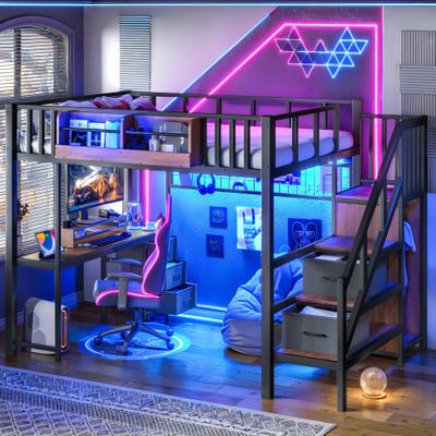GREATPLANINC Gaming Loft Bed LED Bed Frame Built-in Desk Drawers Wardrobe USB Storage Stair