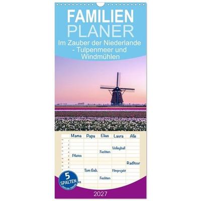 Familienplaner 2027 - Im Zauber der Niederlande - Tulpenmeer und Windmühlen mit 5 Spalten (Wandkalender, 21 x 45 cm) CALVENDO