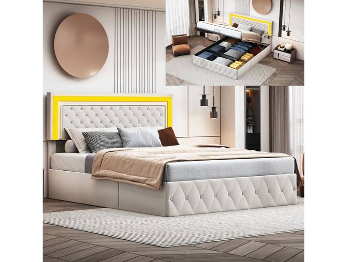 Lit 160x200 cm - LED - tissu en Velours - cadre de lit adulte - lit adulte 160x200 cm - 160x200 cm - Beige