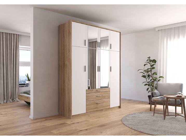 Drehtürenschrank Hildesheim Passepartout 185cm Braun/Weiß/Alpinweiß/Eiche Sonoma Dekor mit Spiegeltür/-en