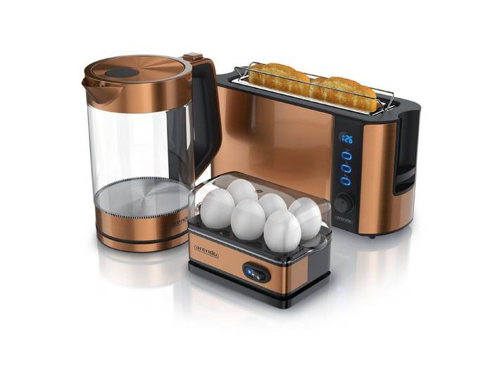 Arendo Frühstücks-Set Wasserkocher 1,7l / 2-Scheiben Toaster / Eierkocher, Edelstahl, Kupfer (3-tlg), BPA-frei, GS-geprüfte Sicherheit, perfekt fürs Familienfrühstück