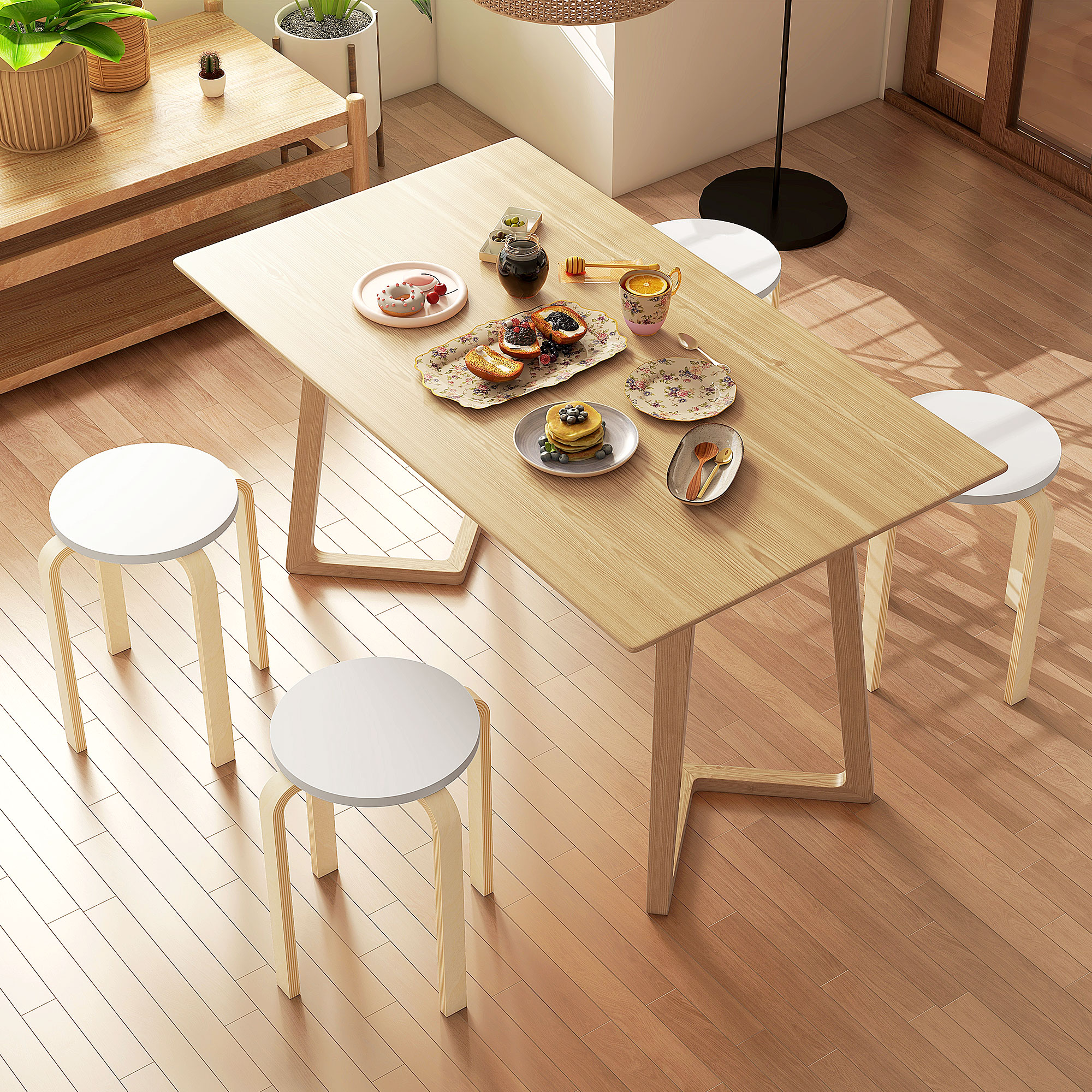 Homcom Set 4 Sgabelli Rotondi Impilabili in Legno Bianco, Ø40x45 cm   Aosom Italy