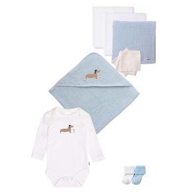 Erstausstattungspaket LILIPUT "Dackel", Mädchen, Gr. 44, weiß (weiß, hellblau), 100% Baumwolle, KOB Set-Artikel Erstausstattungspaket, mit Baby-Body und Badetuch