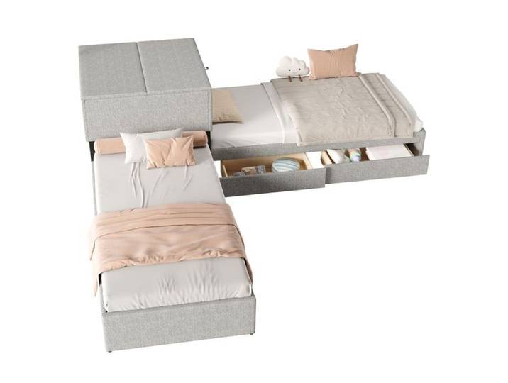 Lit d'angle 90x200 cm 2 lits simples gigogne fonctionnel rangement tiroirs placard lin gris - Sans Matelas