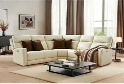 UR livingroom 5PCS, 2 power Recliners, Genuine Leather Reclining Sectional with Power headrest, USB & USB-C Ports