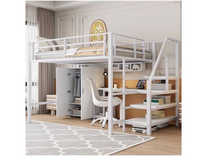 Lit mezzanine enfant 140 × 200 cm blanc avec bureau armoire et rangements