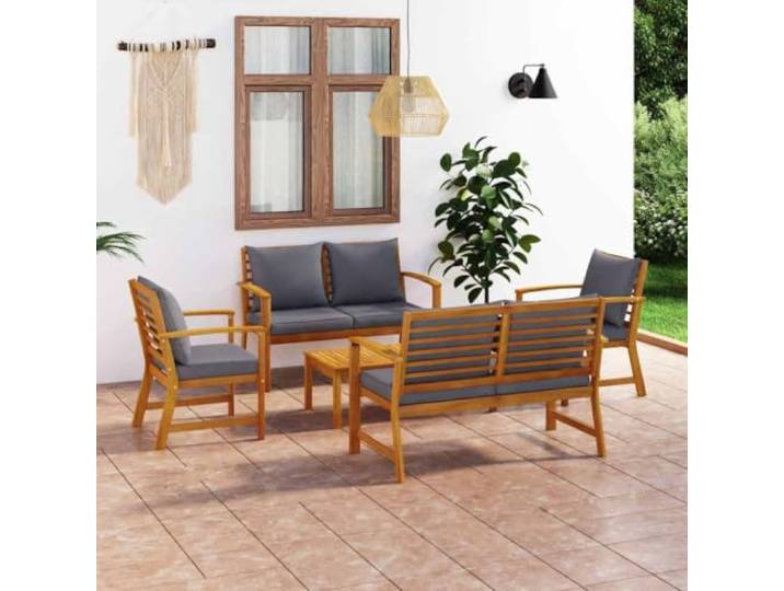 Bois d'acacia massif jardin relaxant ensemble canapé gris 5 pièces Salon de jardin 5 pieces avec coussins bois acacia massif exterieur table canape modulable gris