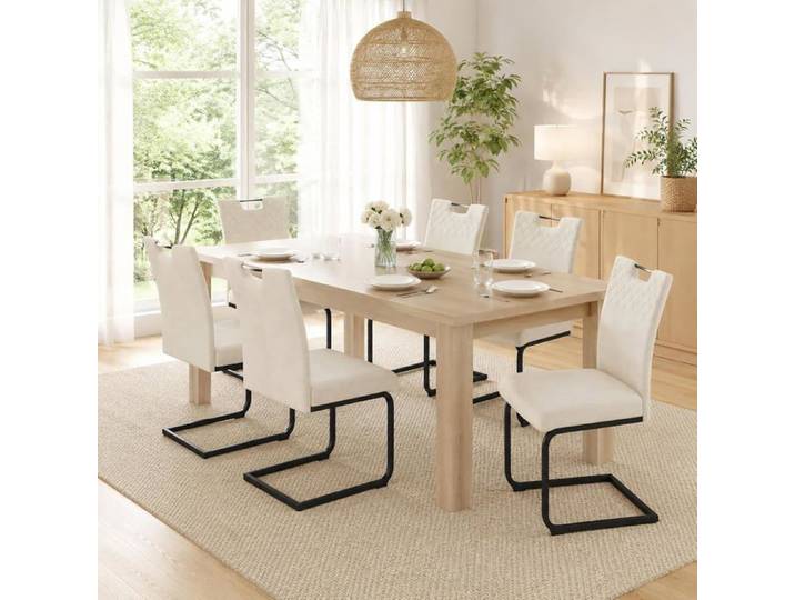 JIEXI Lot de 6 Chaises de Salle à Manger Cantilever Tissu Beige Cadre Métal Noir Style Contemporain 45x57x94 cm