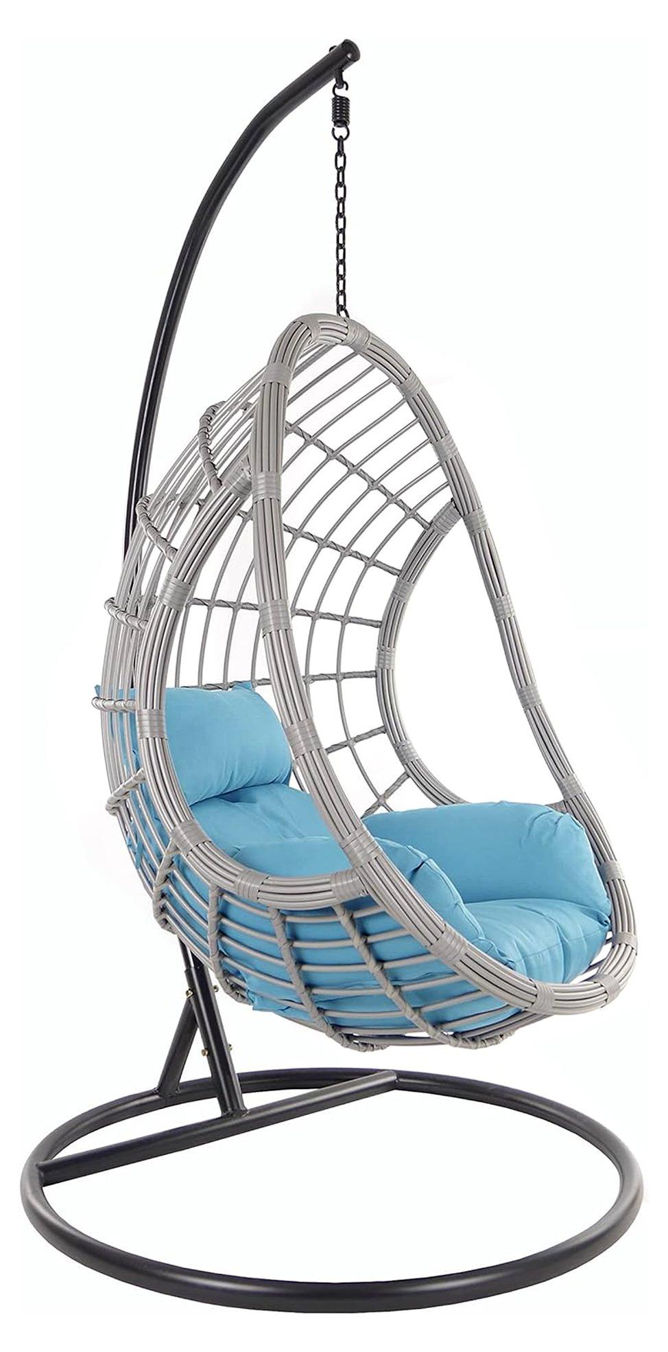 Hängesessel mit Gestell und Kissen, Polyrattan, grau (Kissen: Nest blau)