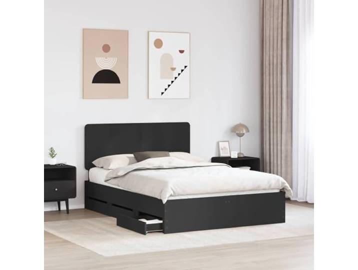 SKTQYQO Bettgestell, schwarz, 150 x 200 cm, aus technischem Holz Mit 6 versteckten Schubladen, robuste Latten, einfache Montage, max. Gewicht 200 kg