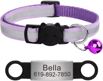 Inspire Picks Personalized Reflective Cat Collar With Engraved ID Nameplate & Bell purple 88