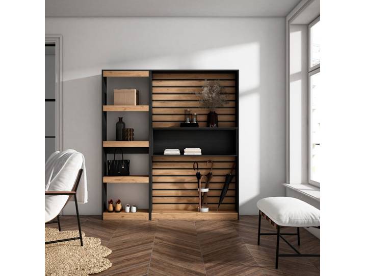 Bibliothèque effet bois de chêne et noir 170x25x186cm